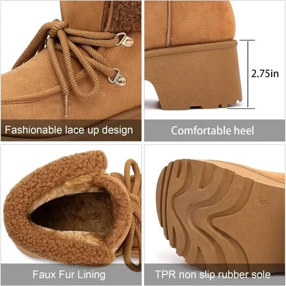 Women's Brown Platform Lace Up Snow Boots with Zipper & Chunky Heels - Picture 4 of 6